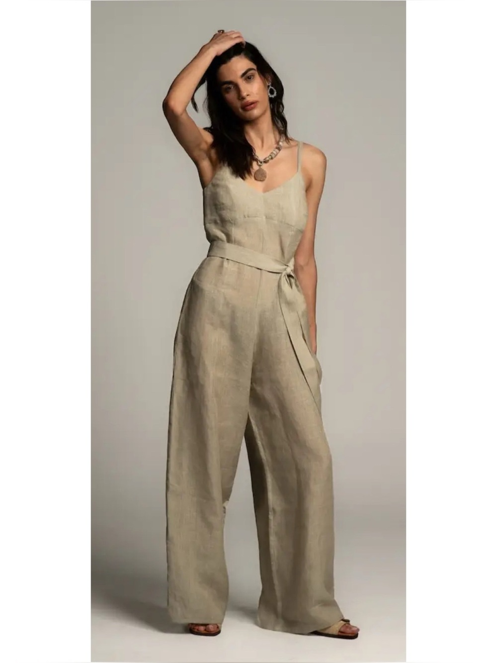 Thyme Sleeveless Beige Linen Jumpsuit with Tie Waist